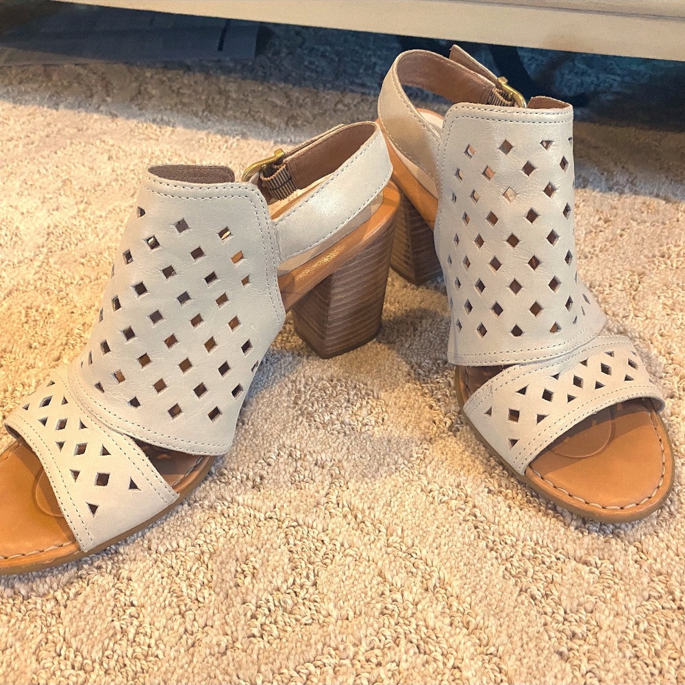Born Leather Peep Toe Heels with Gold Buckle